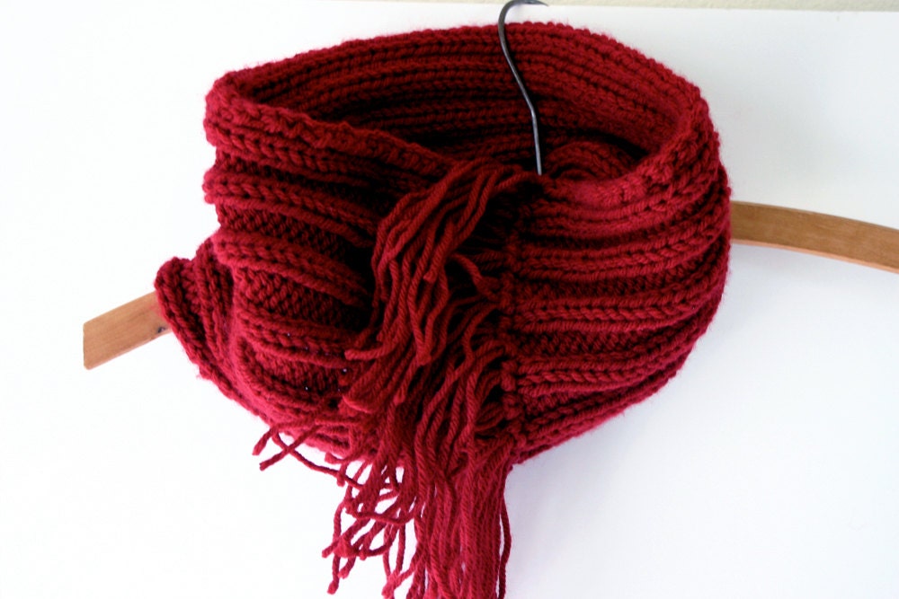 Red Knit Cowl- Cranberry Winter Accessory- Unisex Scarf- Worsted- Ready To Ship