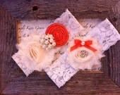 Tangerine Tango Wedding Garter- Orange Vintage Wedding Bridal Garter and Toss Garter- Ivory and Orange Wedding Garter-Toss Garter
