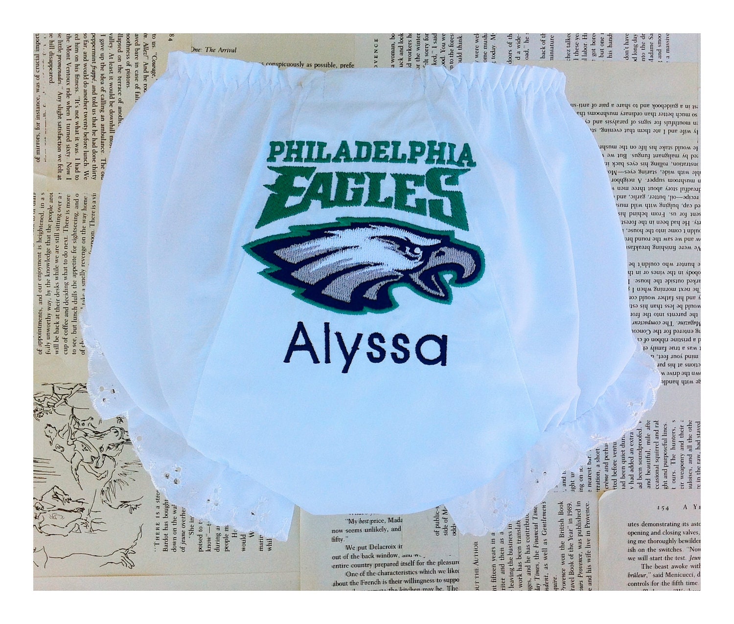 One (1) Custom Philadelphia Eagles Embroidered Diaper Cover Bloomers