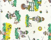 Vintage Fabric Retro Material Children's Pattern Baby Boy Girl White Yellow Green Blue 1960s Kids Playing Yard