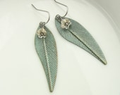 Metal Feather Earrings - Metallic - Fall Trends - Feather Jewelry - Nature Earrings - Blue Gray Grey- Louis Vuitton Inspired Present for Her - lefrenchgem