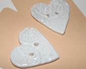 Chunky heart button, porcelain ceramic, floral impressed, clear glaze, retro