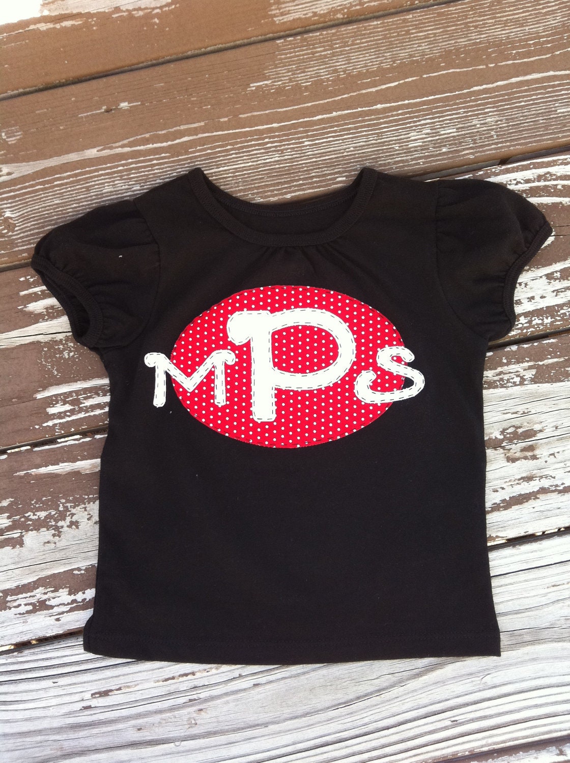 Girls game day shirt. Personalized monogram applique. Black white with Red polka dot fabric. Custom children's clothing By EverythingSorella