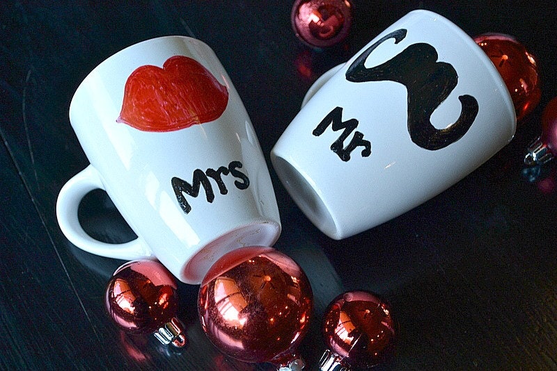 Mr. and Mrs. Lips and Moustaches Mugs Hand Painted