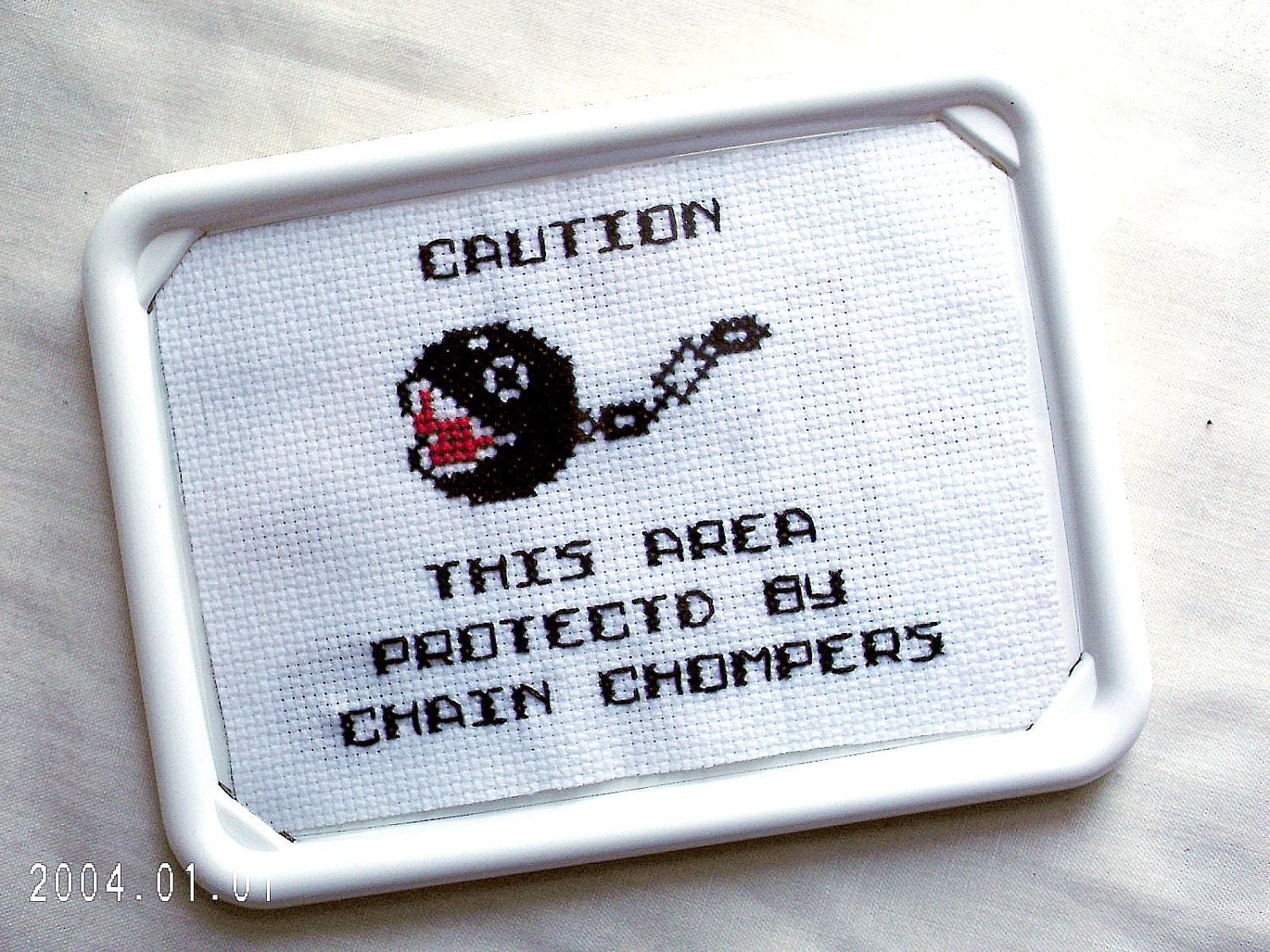 CAUTION Chain Chompers Cross Stitch Fridge Magnet Super Mario Sprite
