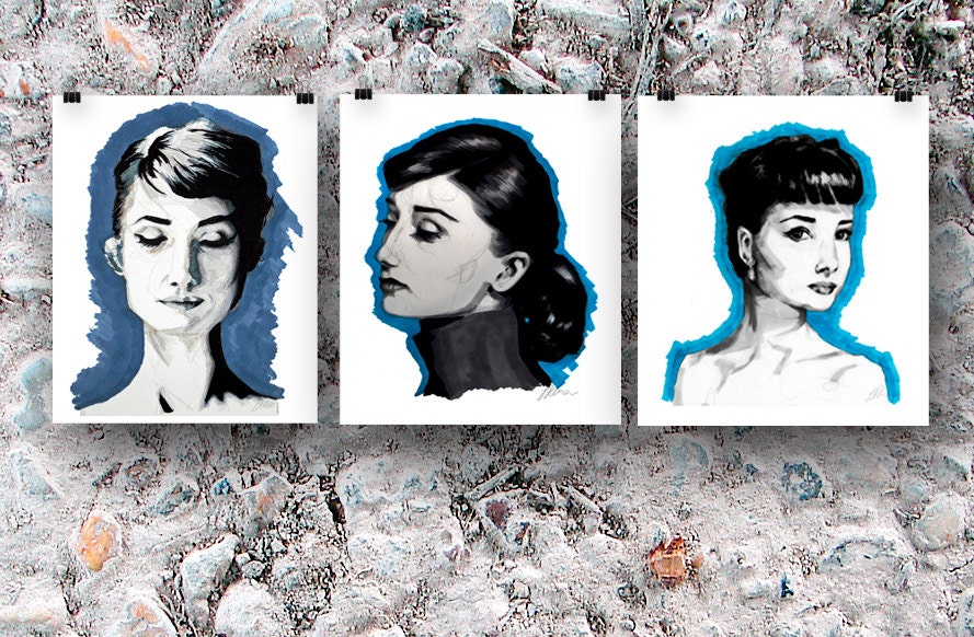 Set of 3 Art Prints of original Mixed Media Portrait Paintings - black, white, grey, blue
