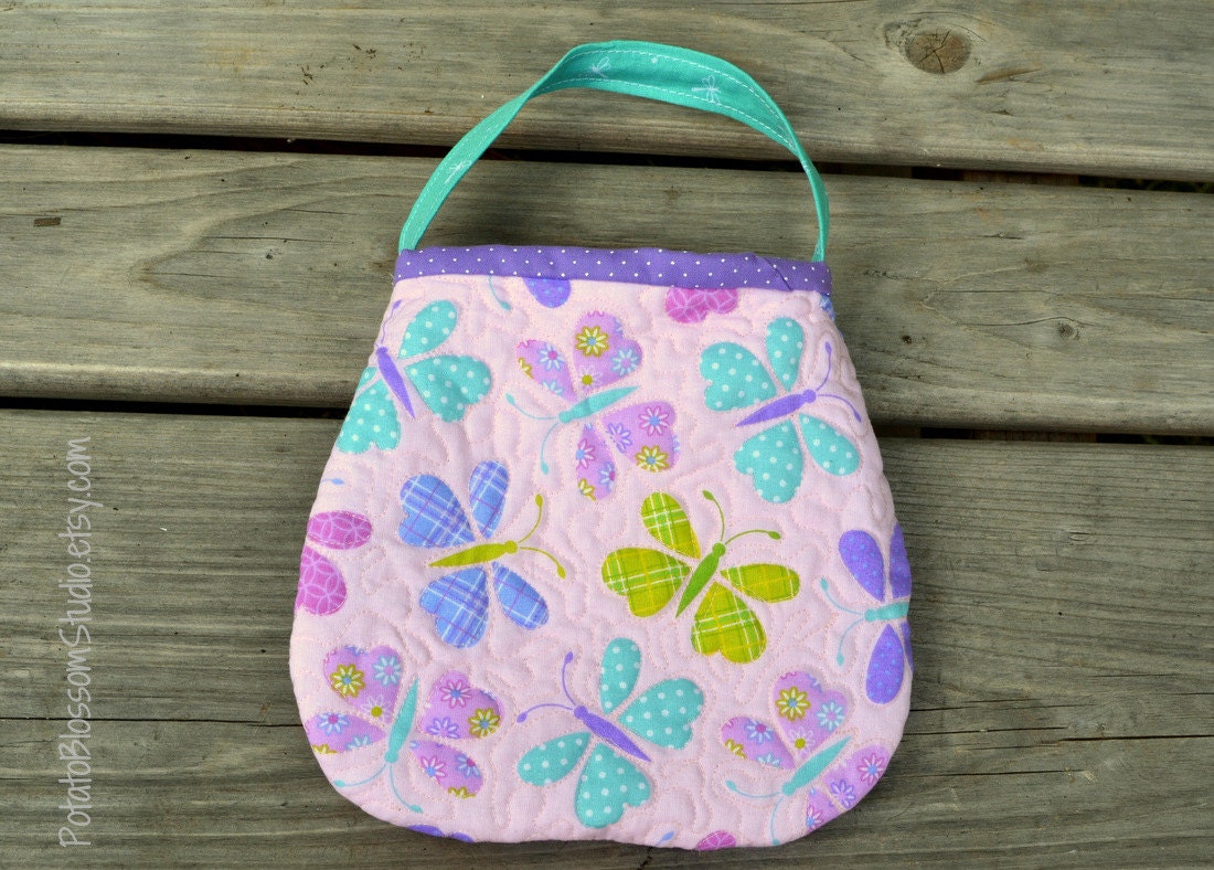 Quilted Toddler Purse in pink, lavender and aqua in butterfly print
