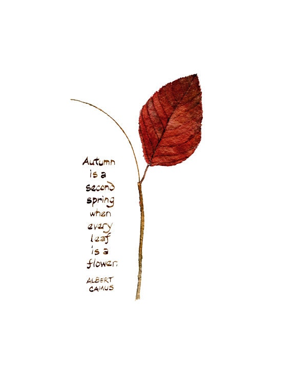 Autumn Leaf and Quote Watercolor Painting - Art Print, Autumn Leaves, Fall Foliage, Albert Camus, Hand Lettering - Watercolour - trowelandpaintbrush