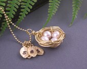 Personalized hand stamped bird nest necklace- 4 eggs nest - wedding jewelry - gold toned -gift for mother of bride, bridesmaid