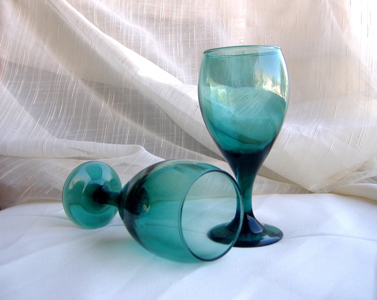 2 vintage teal green glass wine glasses, goblets, stemware -  set of two - VauntyVictorian