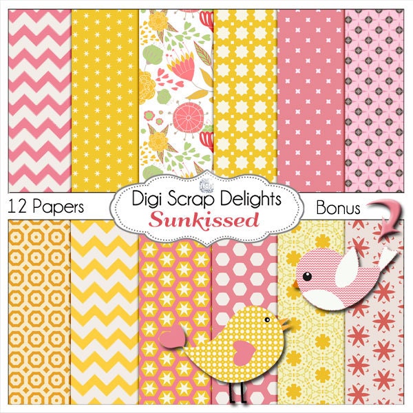 Sunkissed Scrapbook Paper Pink & Gold w Chevron and Birds for Digital Scrapbooking, Card Making, Instant Download