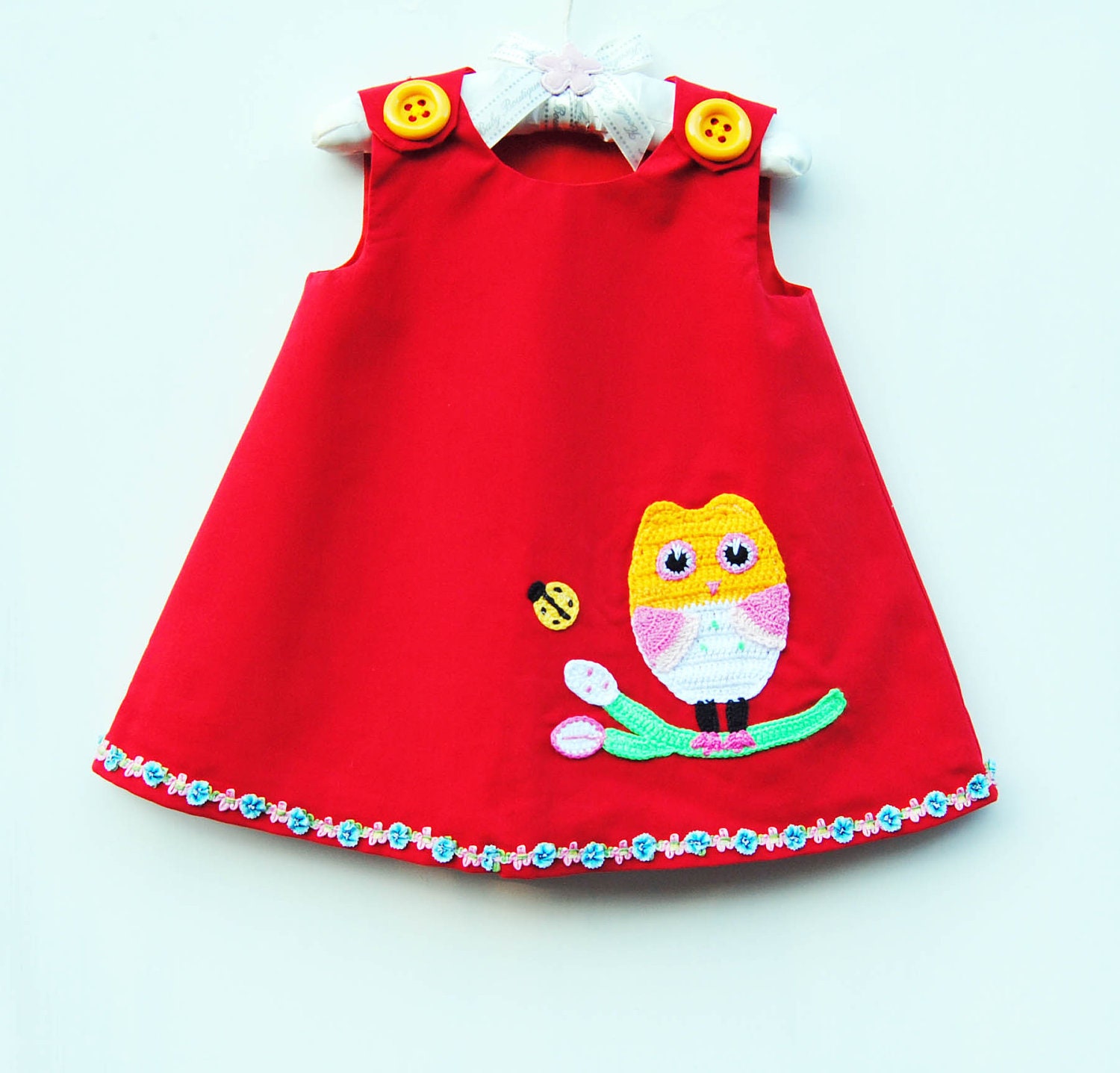 Owl and Ladybug Best Friends Dress - Baby Clothing - Holiday Seasons - Red Dress - Crochet Appliques -  Nursery - Kids Fashion  -  3M to 4T