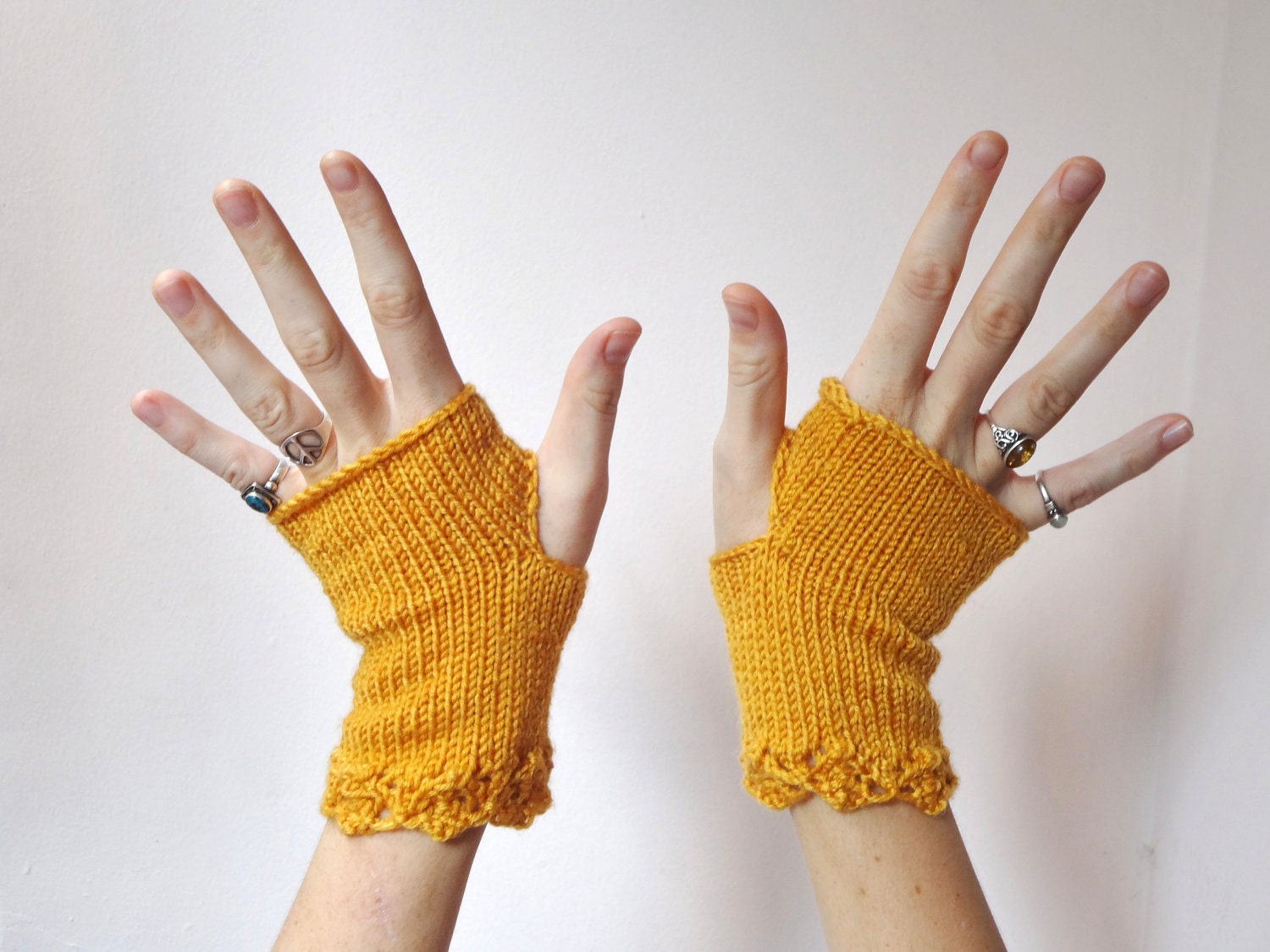 Knit Fingerless Mittens in PUMPKIN - lace trim womens gloves - orange tangerine apricot - feminine wristwarmers - gift for her