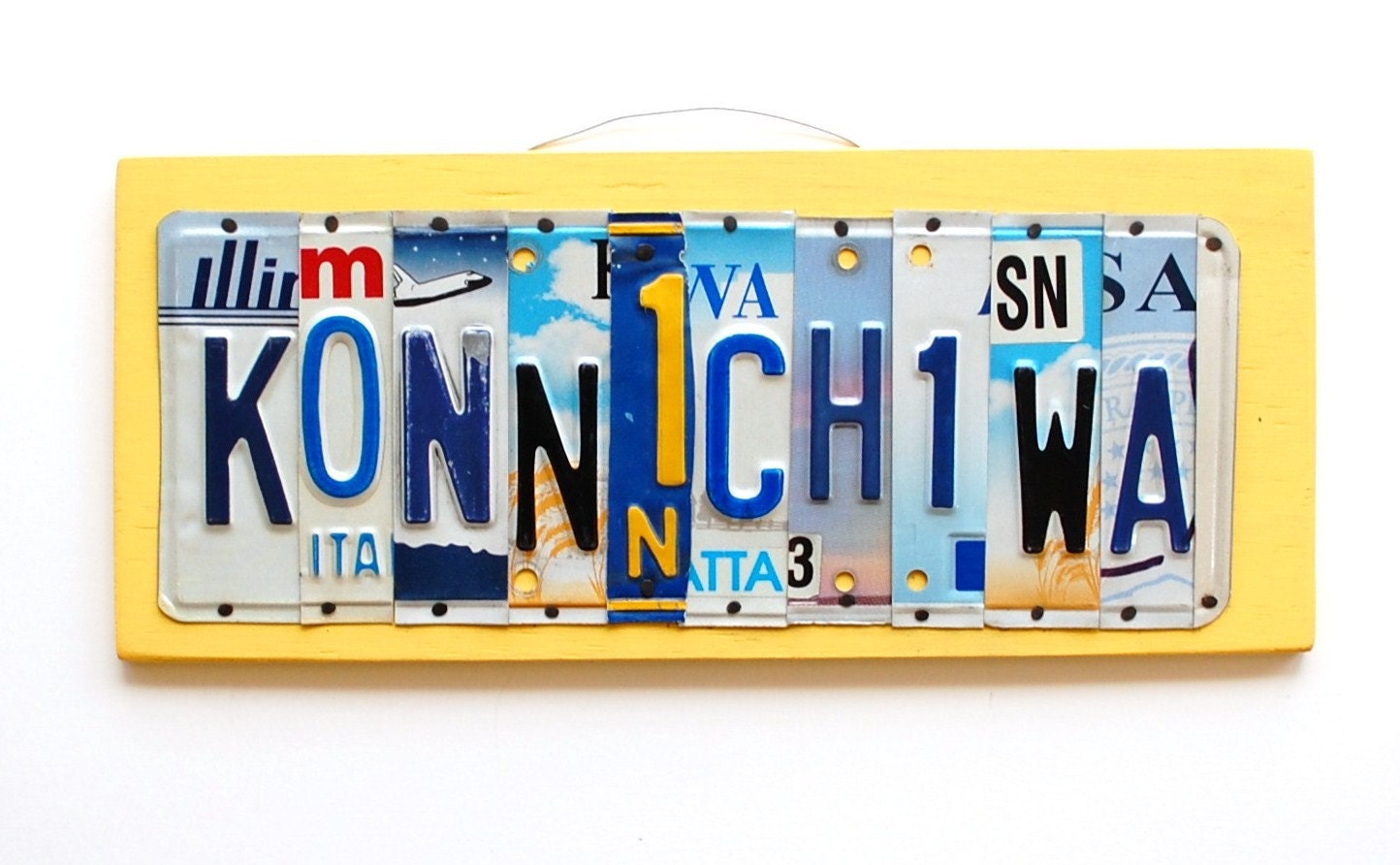 KONNICHIWA, OOAK  License Plate Art, Japan, Home Decor, Wall Hanging, christmas gift, Okinawa,