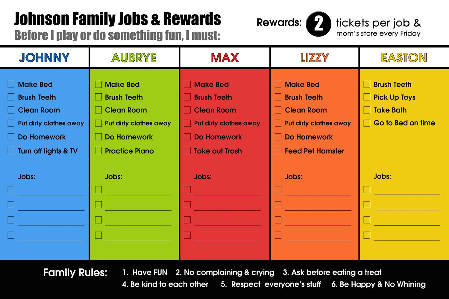 Large Customized EFFICIENT and EASY to use Laminated Chore Chart for FIVE Kids.  Size 20 x 30.