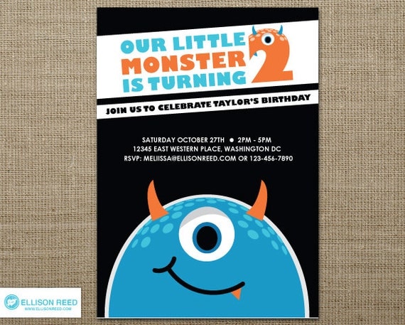 Little Monster Invitation - Monster Bash - Monster Printable - Printable Party - Halloween - 2nd birthday - Boy Birthday - Blue - Orange Il_570xn