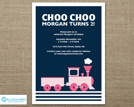Train Invitation - Girl - Train Printable -Train Birthday - Choo Choo - Girl Birthday - Printable party - First Birthday - Navy - Pink Il_570xn
