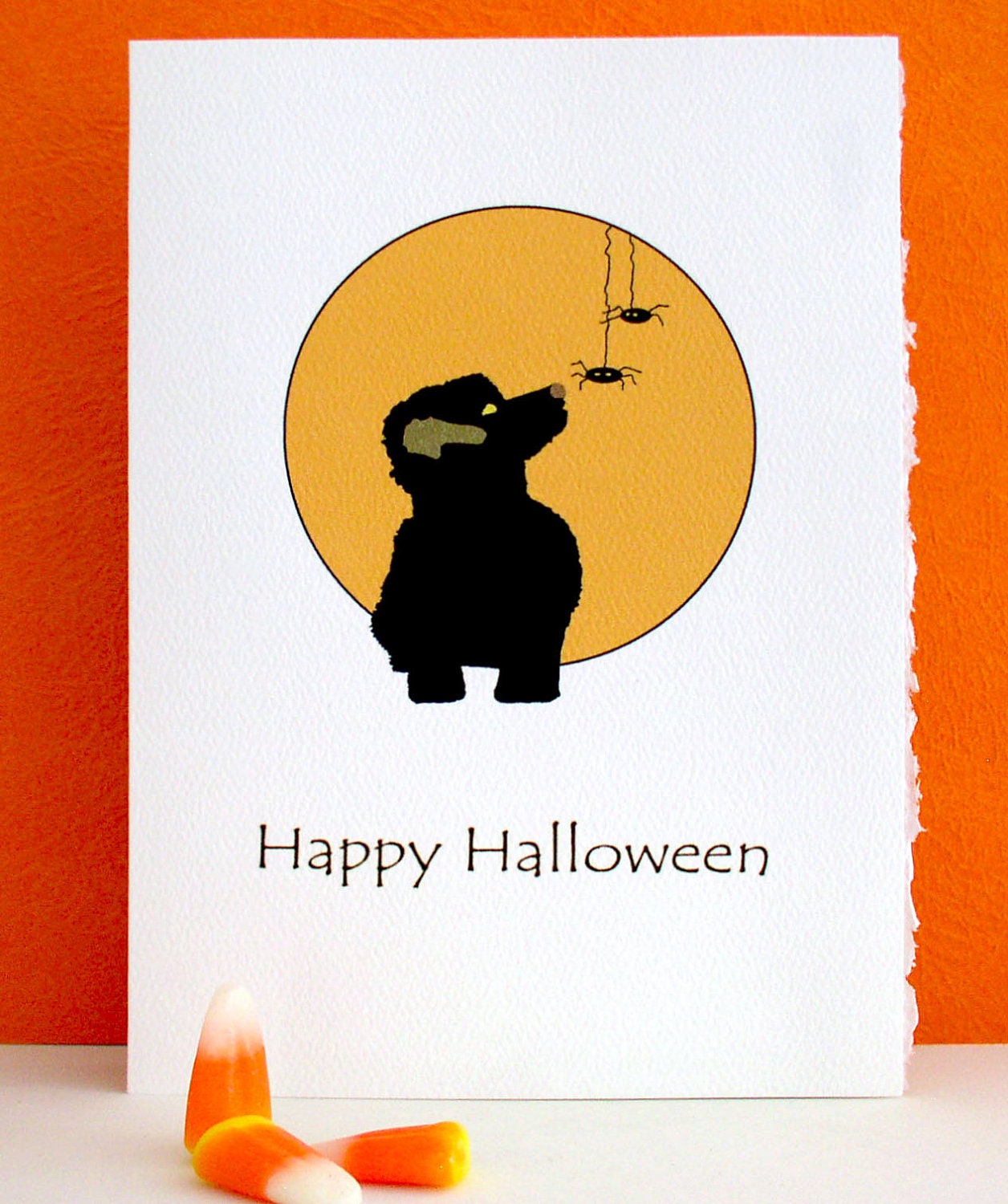 Happy Halloween - Black Puppy -  Spiders - Orange Moon - Cute - Greeting Card - 5 x 7