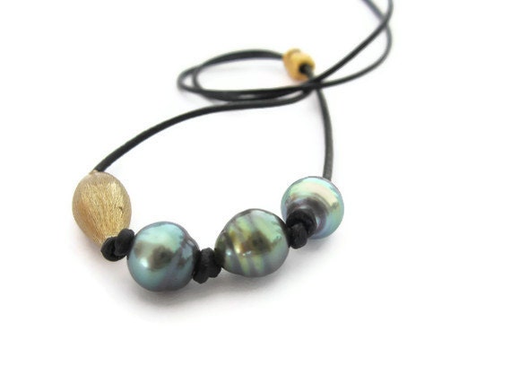 Tahitian Pearl Necklace, South Sea Black Pearl Necklace,  Black Cord.