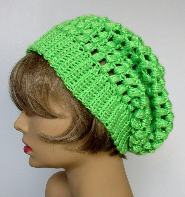 Crochet Slouchy Hat Lime Green handmade beanie beret cap