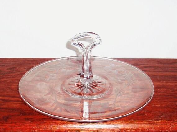 DEPRESSION GLASS TRAY Center Handled Floral Etched by GlassPalace