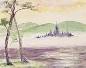 Fairy misty castle Japanese lake watercolor mauve mint - ucuspucus