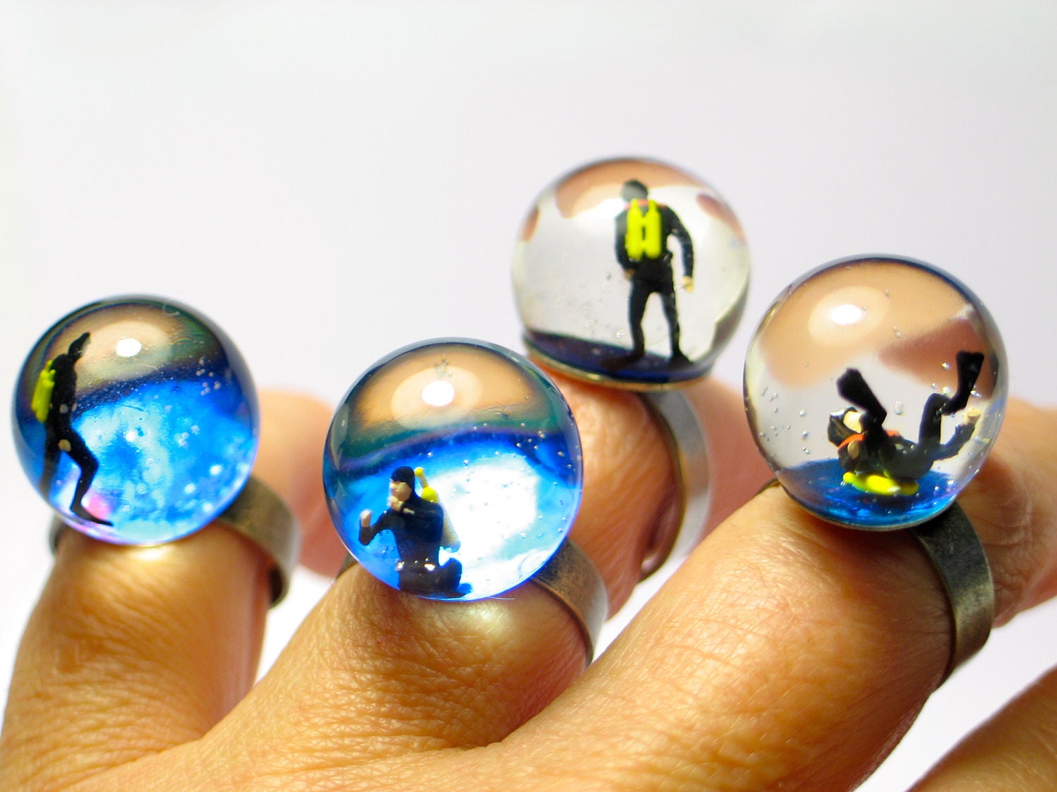 Diver in a tank. Resin ring. Resin jewelry. Modern jewelry. adjustable ring, nautical ring OOAK