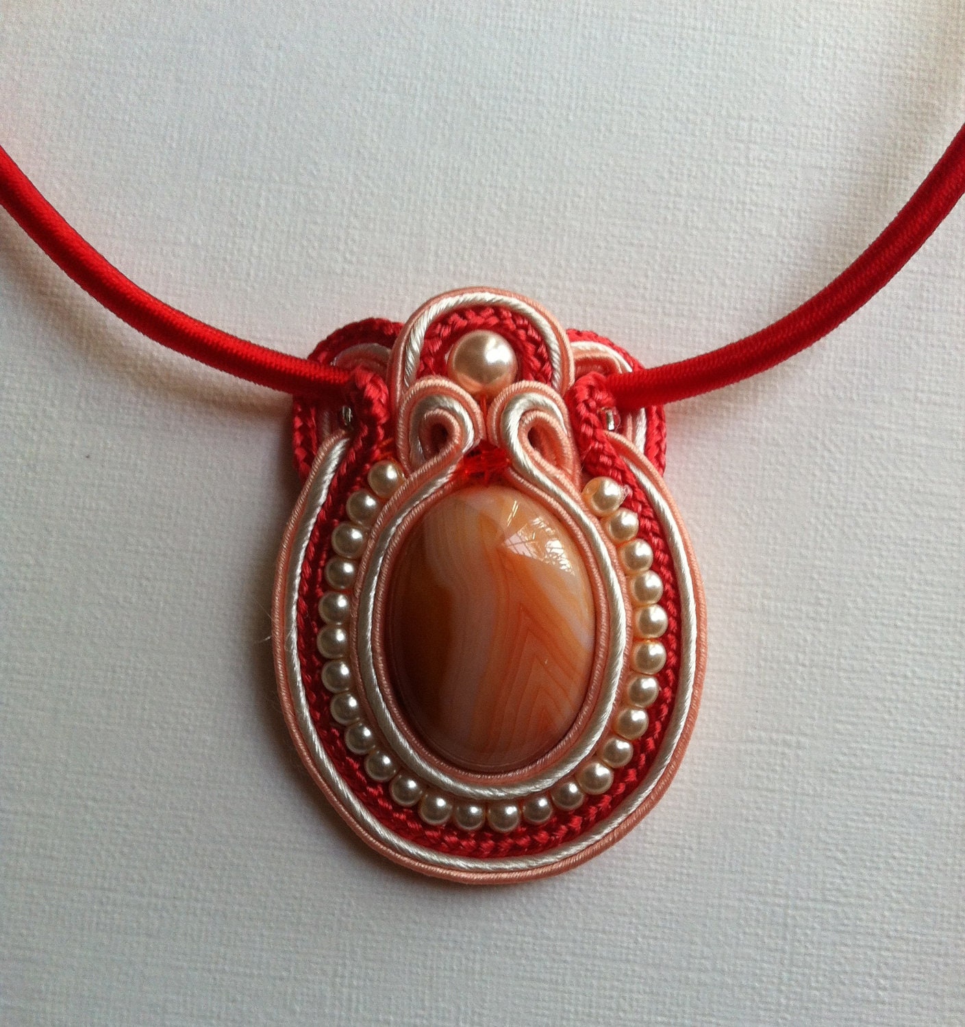 La Marquise: Red Stripes Agate Soutache Pendant With Red Cord Necklace
