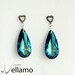 Stud earrings, filigree with marcasite and large teardrop Swarovski crystals, ocean blue, Bermuda blue, royal blue sparkly color