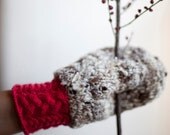 Double Knitted Mittens in grey, fluorescent pink / magenta and deep blue inside in natural handspun wool