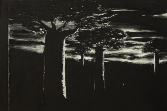 Original Black and White Painting of Baobab Trees During Sunrise - Print