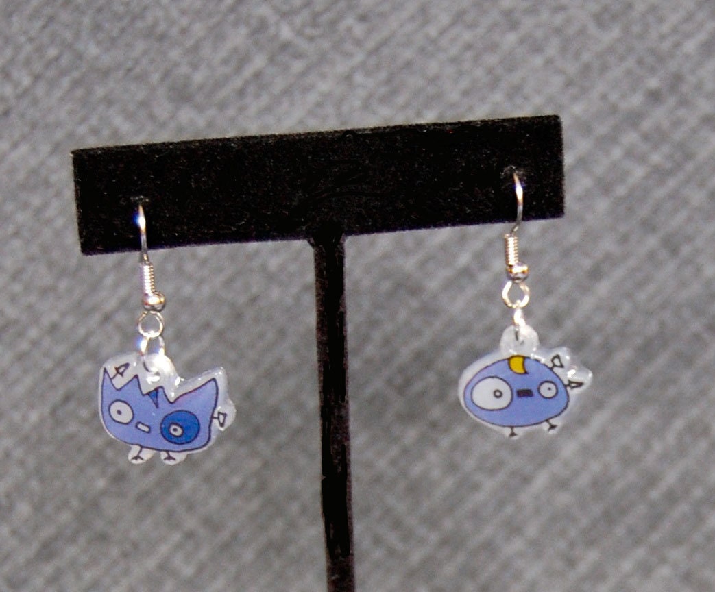 Lavender Monster Earrings  - Hanging Surgical Steel -  Shrinky Dink - Shrink Plastic