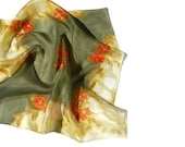 Dark green scarf with orange flowers - painted silk scarf - floral scarf - AndreaSilk
