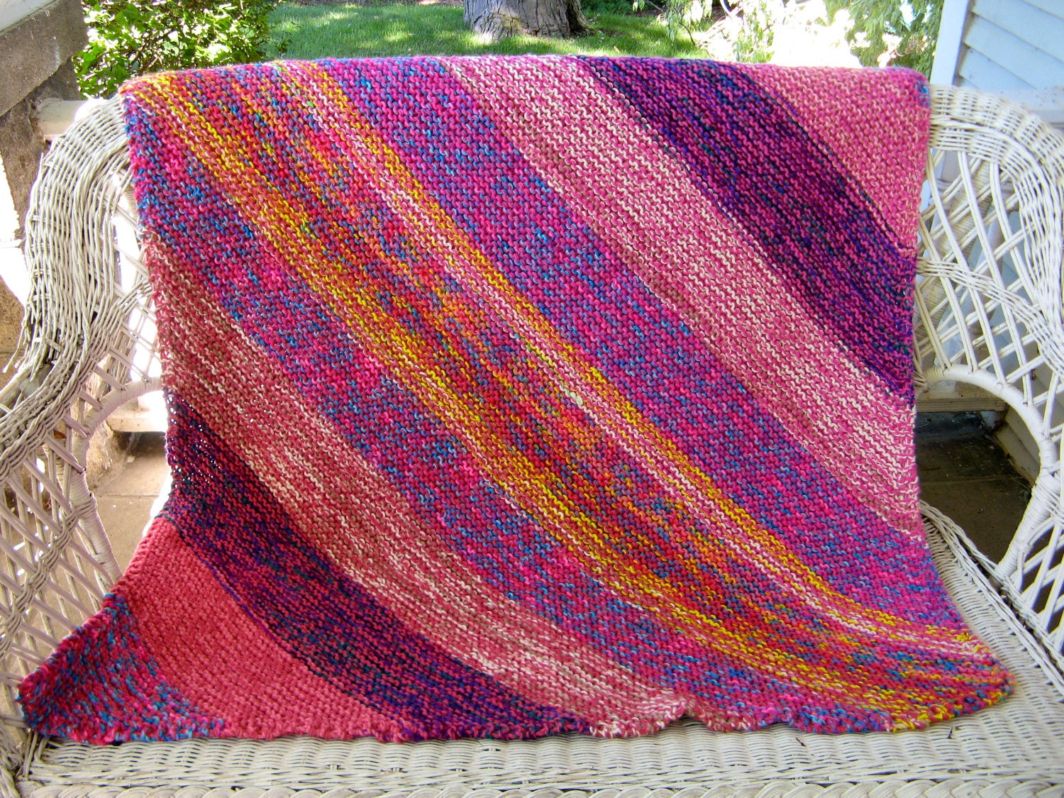Brightly Colored Knit Afghan/ Throw in Pink, Yellow,Blues and Cream-  41 x 43 inches
