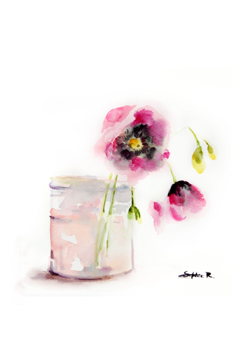 Fine Art Print of Original Watercolor Painting. Pink Flowers in the Glass. Still Life Painting.