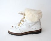 Vintage white studded lace up boots with rabbit fur