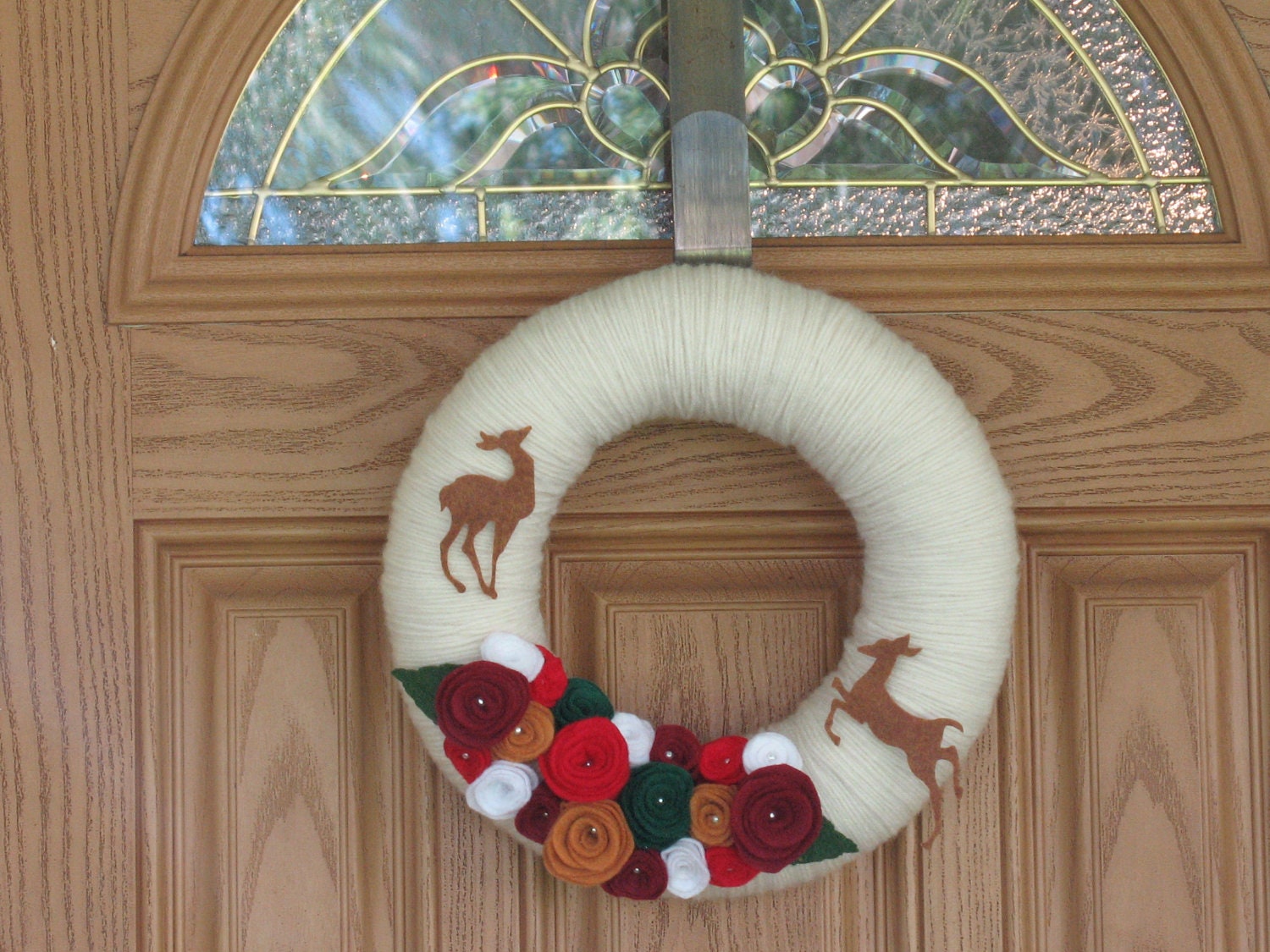 Santa's Helpers- Christmas Wreath- Winter Decoration- Holiday Wreath-12 inch Yarn Felt Flower Wreath