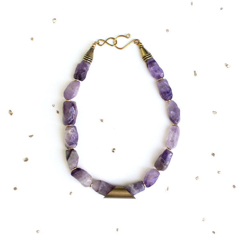 Purple Amethyst Gemstone Statement Choker / raw crystal mineral necklace / tribal brass / unique boho jewelry / LAST ONE