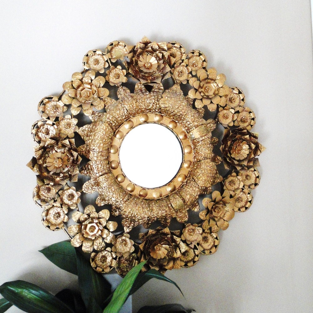 Vintage Gold Mirror Round Metallic Large Floral Ornate Gilded Golden Hollywood Regency Bohemian Chic Home Decor Eclectic Home Furnishings
