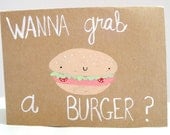 Wanna Grab a Burger-fun way to ask someone out, cute couple card, way to say I love you, kawaii cute, just because, blank inside