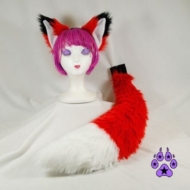 Red FOX Ears BIG 30in Tail  Headband  Costume kitsune wolf anime cosplay furry rave cyber goth faux fur 4001 White tip