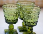 Set of Three Glass Avocado Green Pedestal Goblets With Square Pedestal Base, Thumbprint pattern