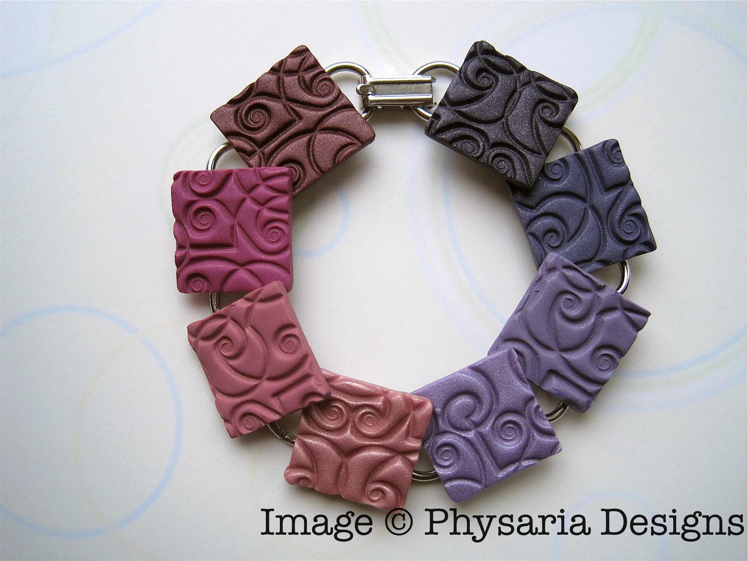 Bracelet Stamped Polymer Clay Texture Tiles Pink Purple Squares