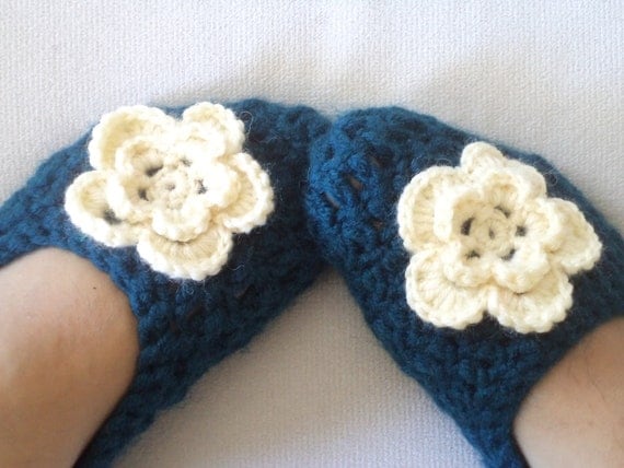 Adult Wool Crochet Slippers, Thick, Simply slippers, Women slippers,  house shoes. Oil Blue