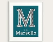 Monogram Art Print, Chevron or Polka Dot Initial, Personalized Wedding Gift or Kid's Room Decor, Teal Charcoal or Any Colors, 8x10