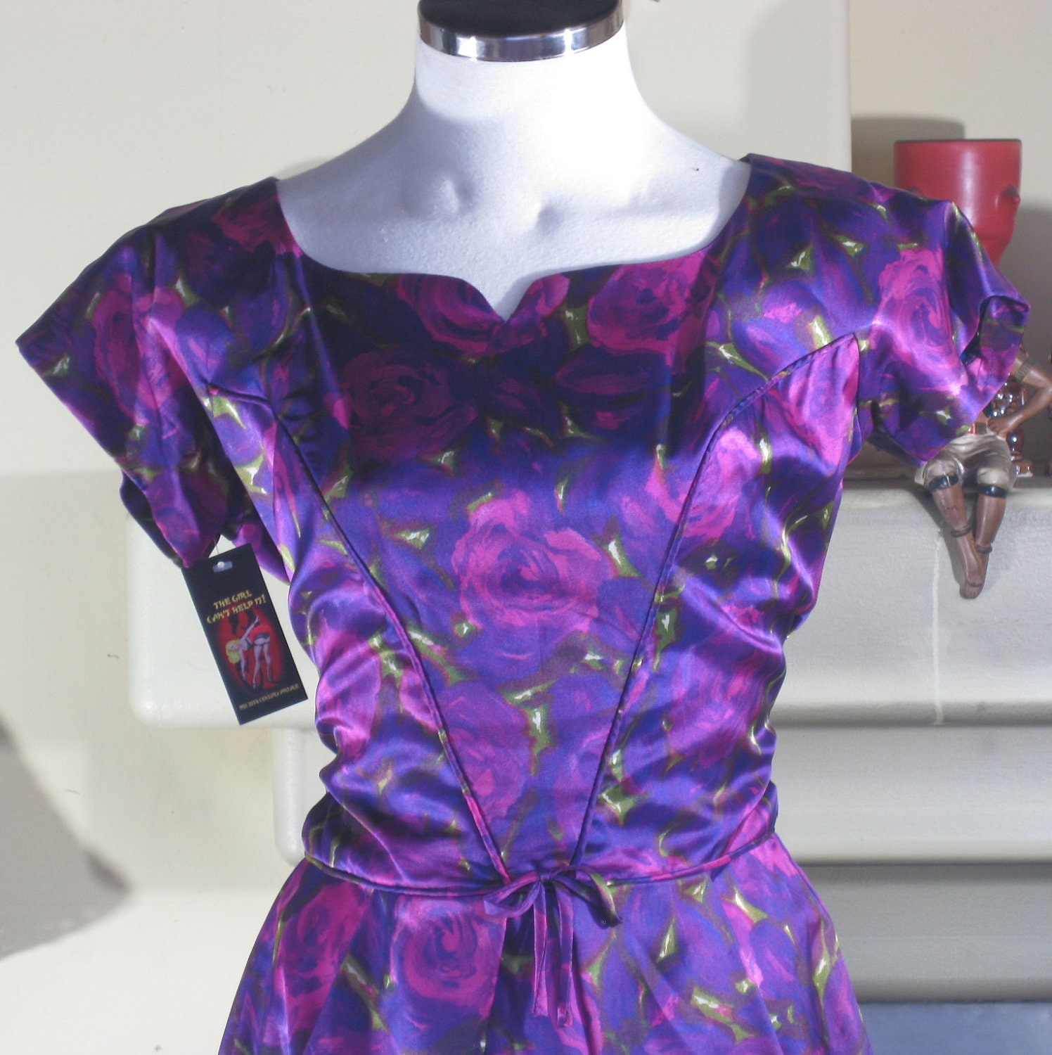 Tall Girl Purple Silky Floral 1950s Mad Men Dress