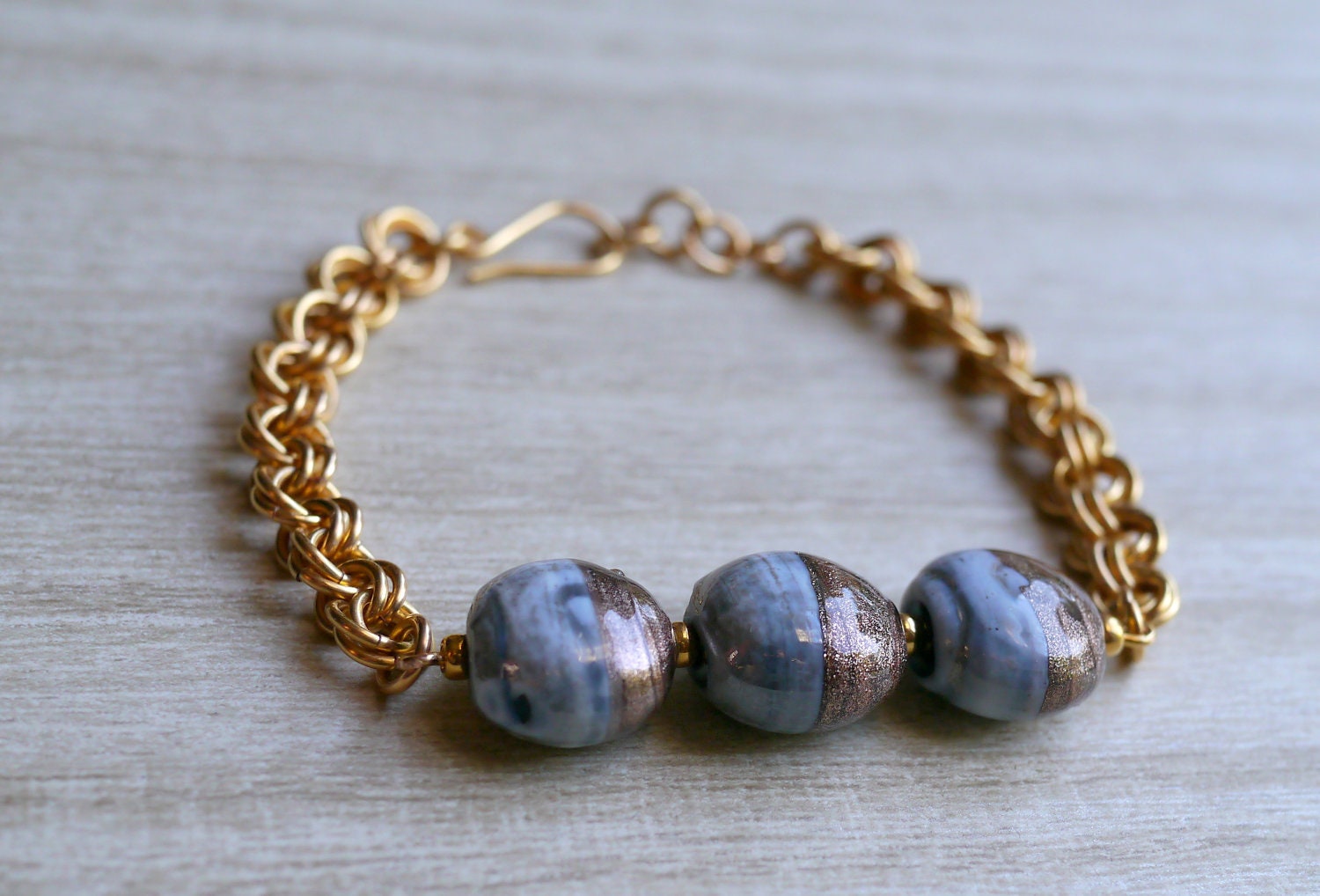 Delicate Gold Braclet with Shimmery Gold and Marbled White and Black Beads -- Mobius Chainmaille Bracelet