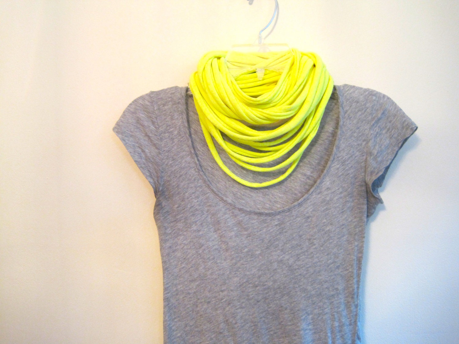 upcycled t-shirt scarf. jersey spaghetti scarf. neon yellow.