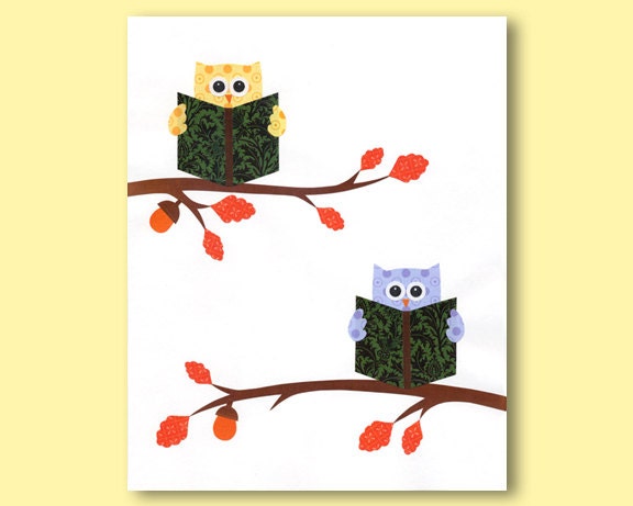 SALE - Wall art / print / poster of collage for nursery or kids room - illustration of two little owls reading book on tree branch