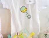 SALE Baby Boy Onesie, size 12 months, 100% cotton, Ratlle Applique, matching crinkle toy included and pacifier holder